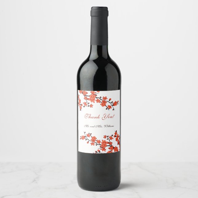 Cherry Blossom Red White Wedding Wine Label (Front)