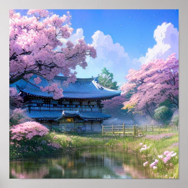 Cherry Blossom Retreat, Haven by the Pond Poster (Front)