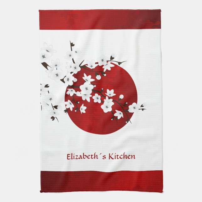 Cherry Blossom Rising Sun Red Black White Monogram Kitchen Towel (Vertical)