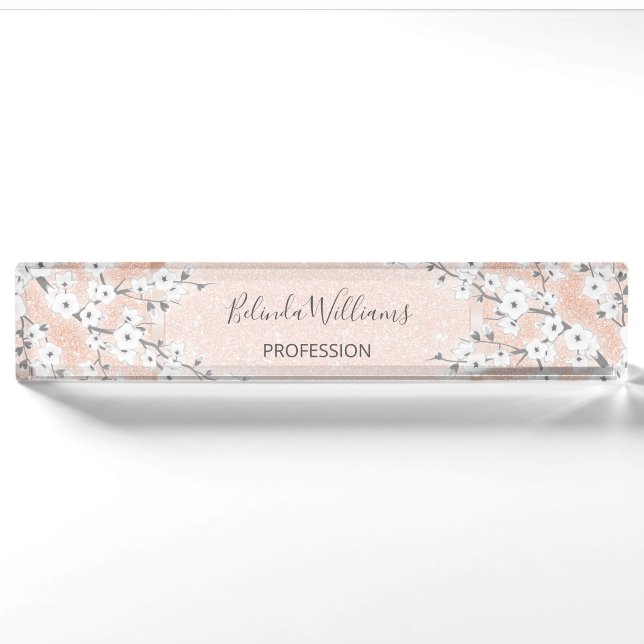 Cherry Blossom Rose Gold Blush Glitter Nameplate (Front)