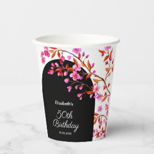 Cherry Blossom Sakura Flower Black White Birthday Paper Cups
