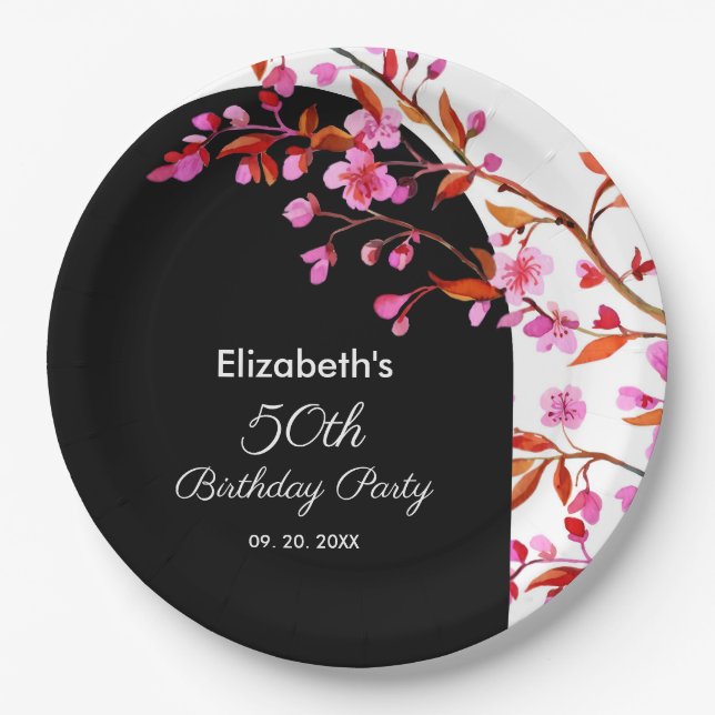 Cherry Blossom Sakura Flower Black White Birthday  Paper Plate (Front)