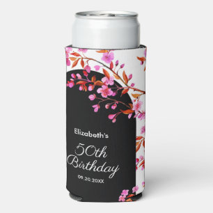 Cherry Blossom Sakura Flower Black White Birthday  Seltzer Can Cooler