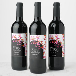 Cherry Blossom Sakura Flower Black White Birthday Wine Label