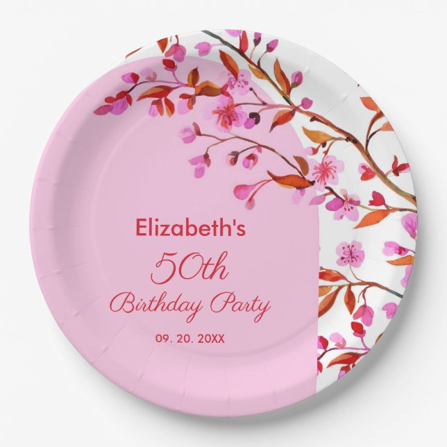 Cherry Blossom Sakura Flower Pink White Birthday  Paper Plate (Front)