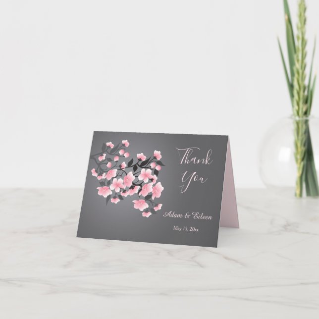Cherry blossom (Sakura) on grey Wedding Thank You Invitation (Front)