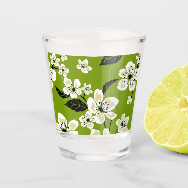 CHERRY BLOSSOM - SAKURA PATTERN IN MATCHA GREEN SHOT GLASS (Front)