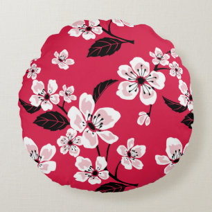 CHERRY BLOSSOM - SAKURA PATTERN IN RED ROUND PILLOW