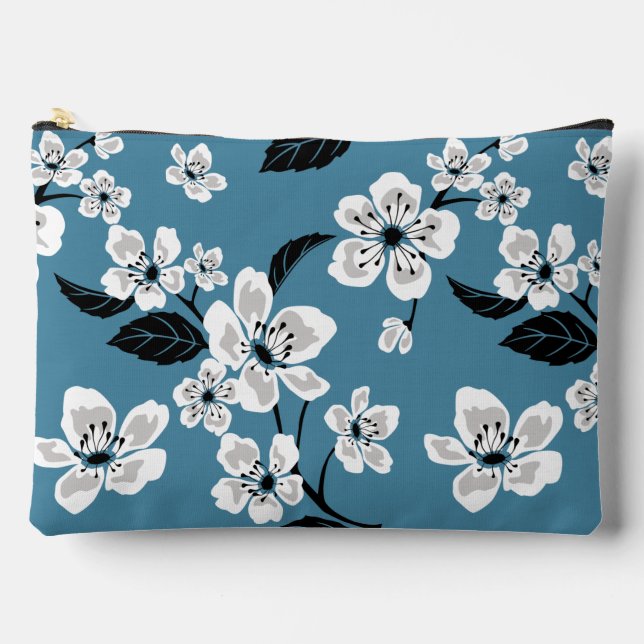 CHERRY BLOSSOM - SAKURA PATTERN IN SMOKY BLUE ACCESSORY POUCH (Front)