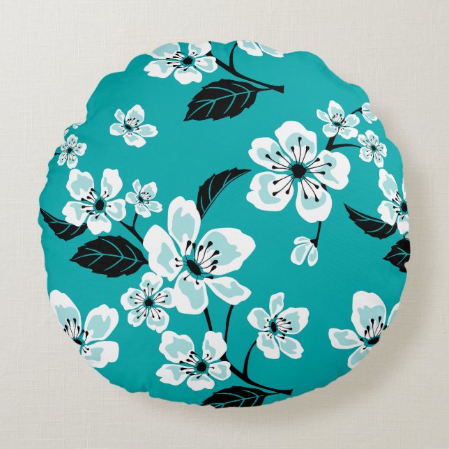 CHERRY BLOSSOM - SAKURA PATTERN IN TEAL ROUND PILLOW (Front)