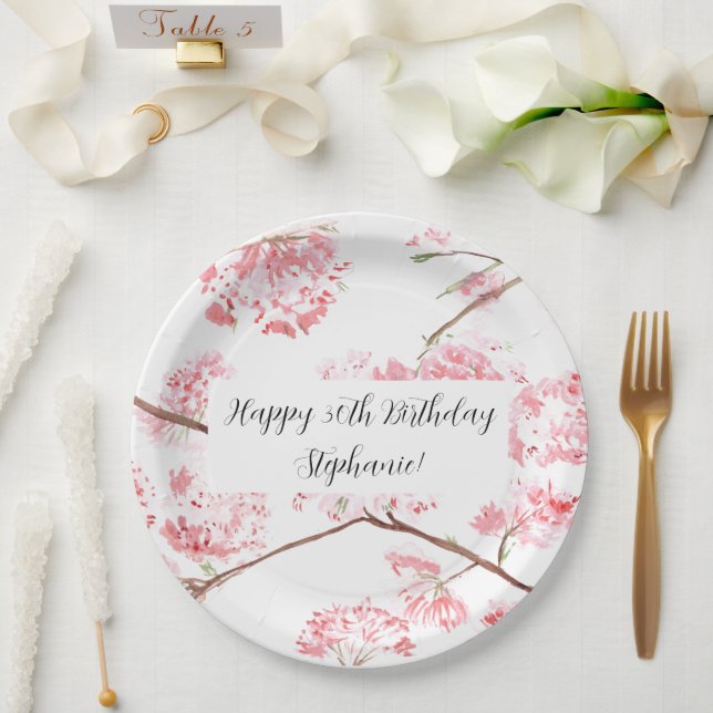 Cherry blossom Sakura Pink Floral Pretty Birthday Paper Plate (Wedding)