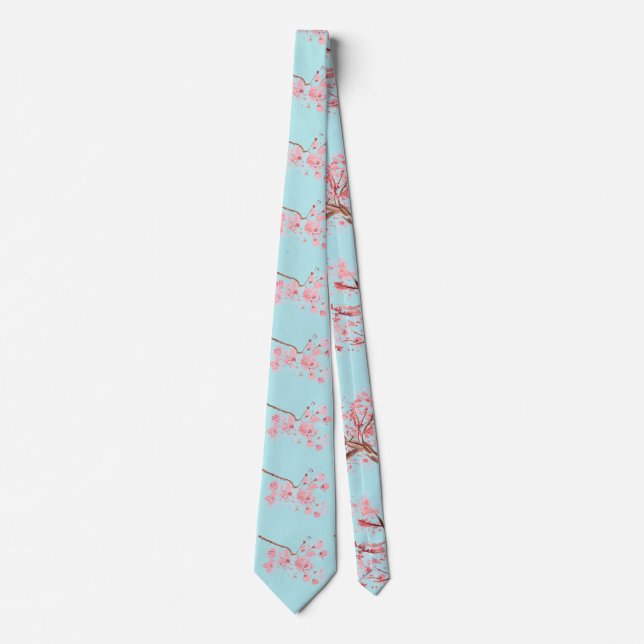 Cherry blossom Sakura Pink Floral Wedding Blue Tie (Front)