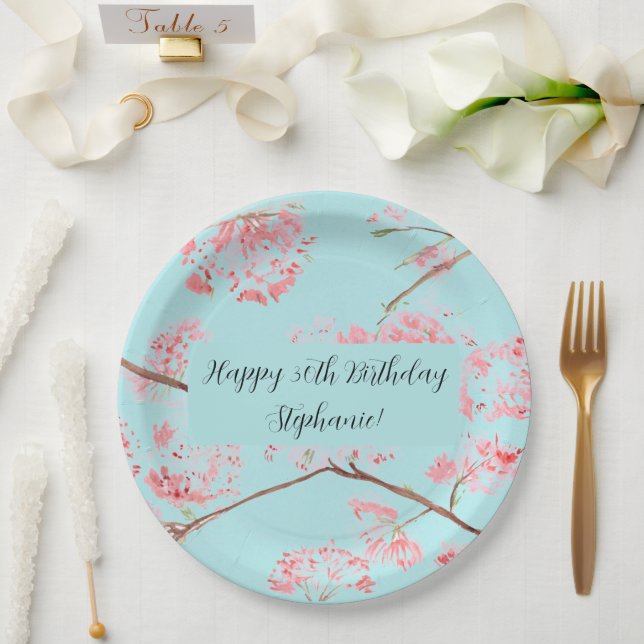 Cherry blossom Sakura Pink Turquoise Birthday Paper Plate (Wedding)