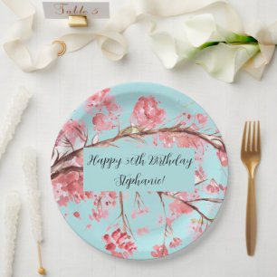 Cherry blossom Sakura Pink Turquoise Birthday  Paper Plate