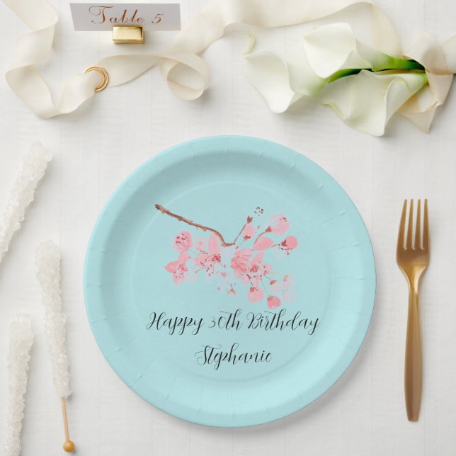 Cherry blossom Sakura Pink Turquoise Birthday  Paper Plate (Wedding)