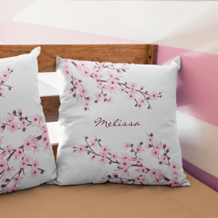Cherry Blossom (Sakura) Pink White Add Name Throw Pillow