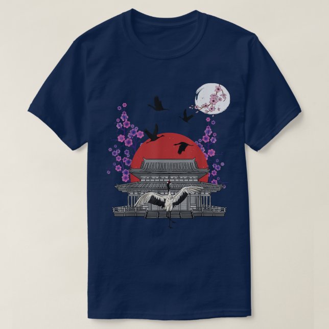 Cherry Blossom Sakura Tree Japan Crane Bird Temple T-Shirt (Design Front)