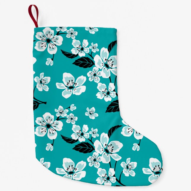 CHERRY BLOSSOM - SAKURA (TURQUOISE) SMALL CHRISTMAS STOCKING (Front)