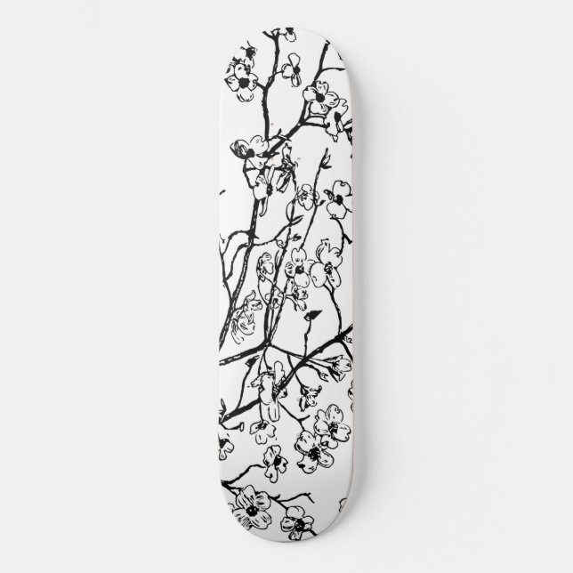 Cherry Blossom Skateboard Black And White (Front)