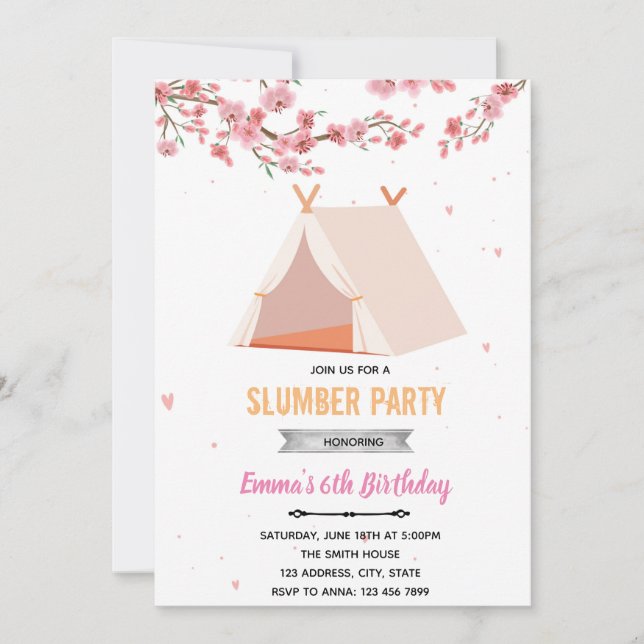 Cherry blossom sleepover birthday invitation (Front)