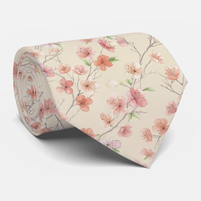 Cherry Blossom Spring Floral Pattern Tie (Rolled)