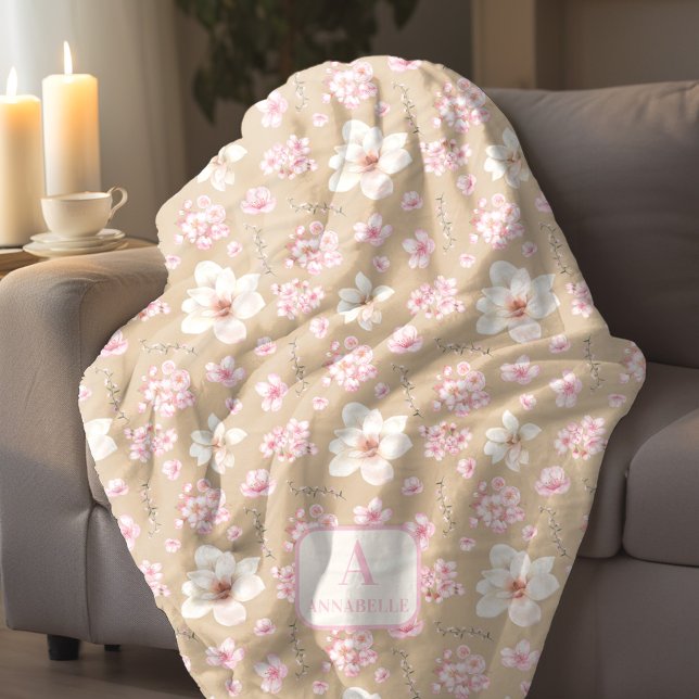Cherry Blossom Spring Monogram Beige Pink Fleece Blanket (Cherry Blossom Spring Monogram Beige Pink Fleece Blanket)