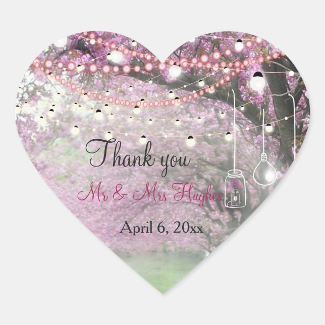 Cherry blossom spring themed wedding thank you heart sticker (Front)