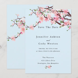 Cherry Blossom Spring Wedding Save The Date Blue