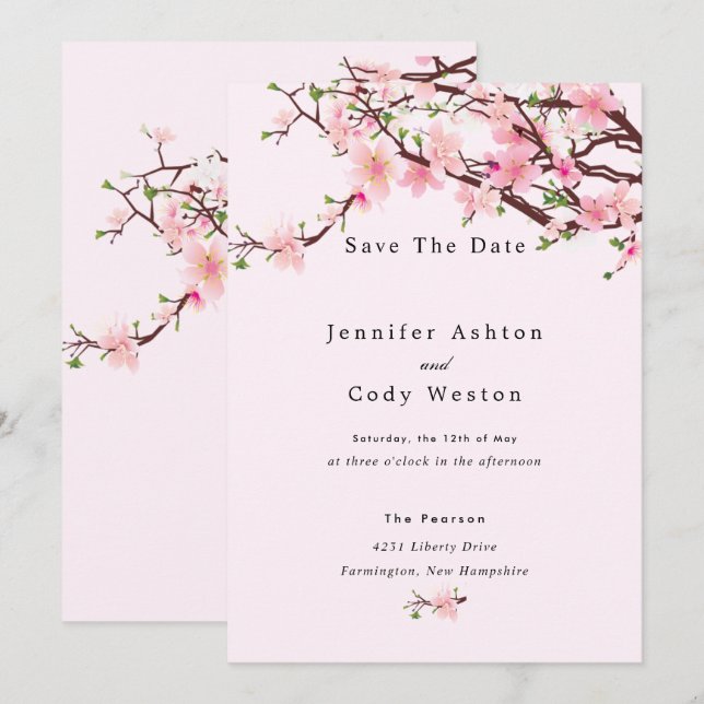 Cherry Blossom Spring Wedding Save The Date Pink (Front/Back)