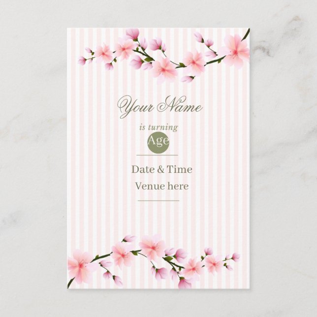 Cherry Blossom Striped Birthday Party Invitation (Front)