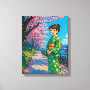 Cherry Blossom Stroll – Kimono Girl  Canvas Print