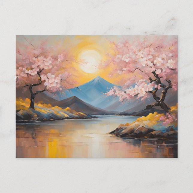 Cherry Blossom, Sunset Over Mountains Landscape  Postcard (Front)