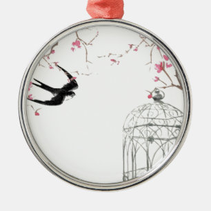 Cherry blossom, swallow, birdcage design metal ornament