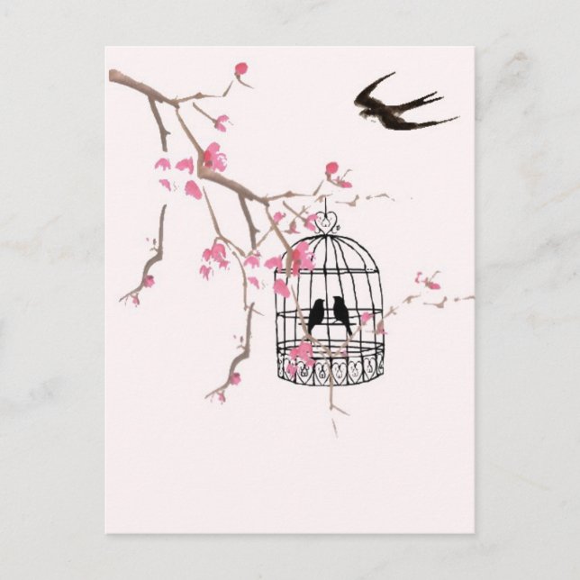 Cherry blossom, swallow - wedding, invite, unique postcard (Front)