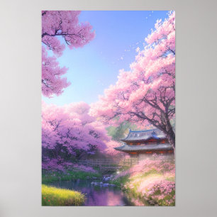 Cherry Blossom Tea House by the River Poster