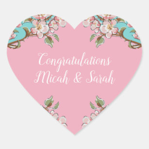 Cherry Blossom Teal Retro Vintage Baby Shower Heart Sticker