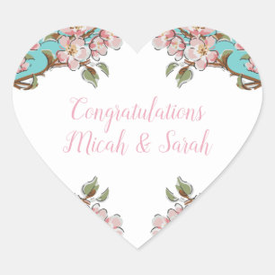 Cherry Blossom Teal Retro Vintage Baby Shower Heart Sticker