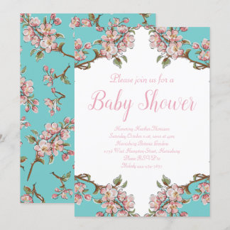 Cherry Blossom Teal Retro Vintage Baby Shower Invitation