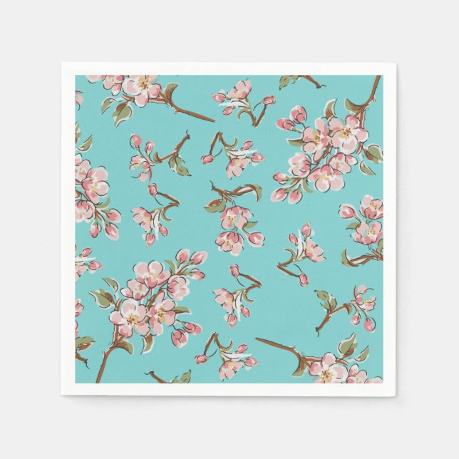 Cherry Blossom Teal Retro Vintage Baby Shower Napkin (Front)