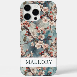 Cherry Blossom Teal Sakura Print Monogrammed iPhone 16 Pro Max Case