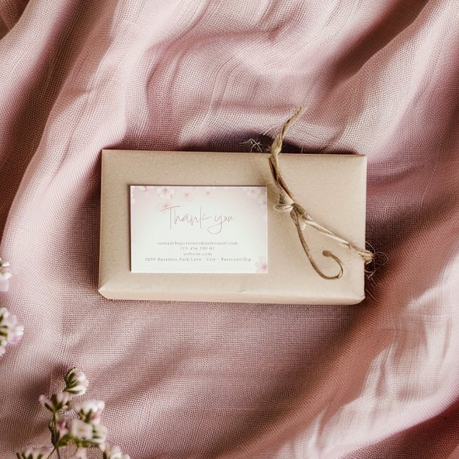 Cherry blossom thank you customer enclosure card (Blush cherry blossom thank you enclosure card with script and contact details.)