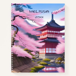 Cherry Blossom Tree And Temple   Add Name Notebook