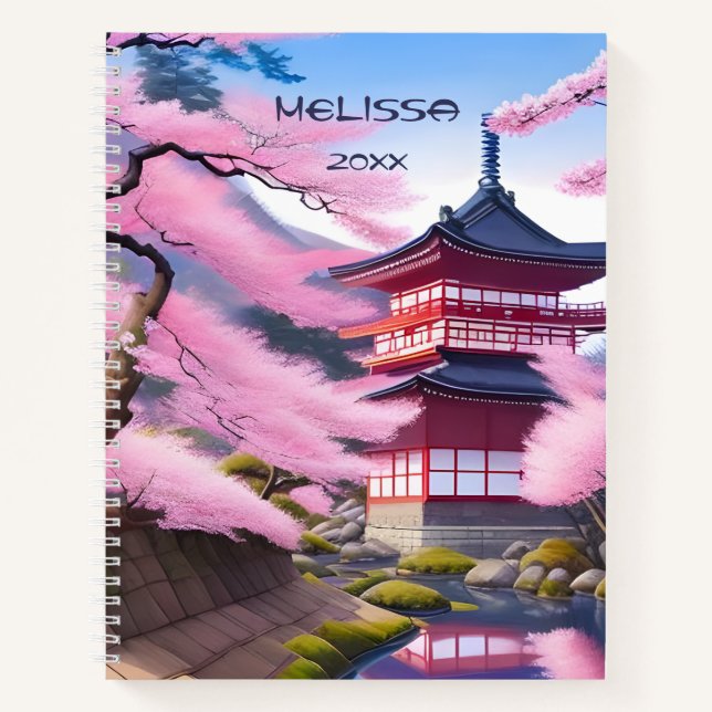 Cherry Blossom Tree And Temple | Add Name Notebook (Front)