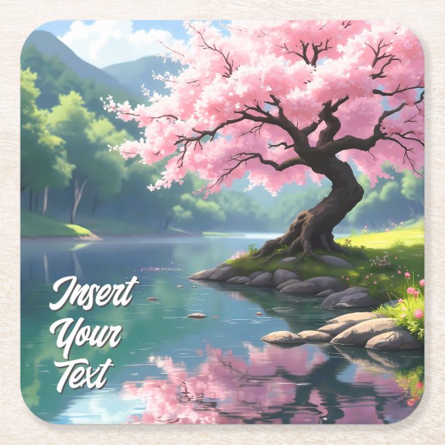 Cherry Blossom Tree by River Tranquil Landscape Square Paper Coaster (Front)