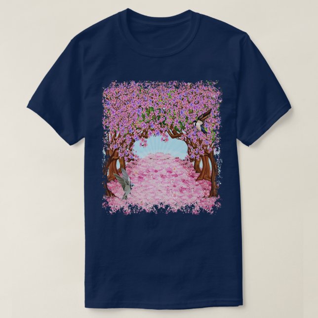 Cherry Blossom Tree Japanese Sakura Hummingbirds W T-Shirt (Design Front)