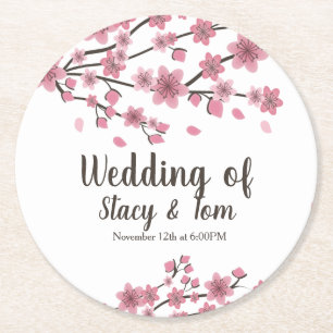Cherry Blossom Tree Petals Pink Wedding Round Paper Coaster