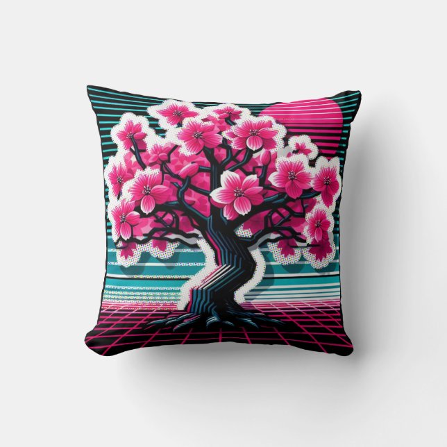 Cherry Blossom Tree Synthwave 803 Throw Pillow (Front)