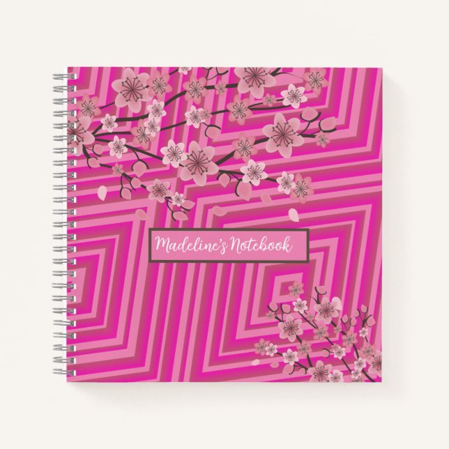 Cherry Blossom Trippy Gradient Ombre Striped Pink Notebook (Front)
