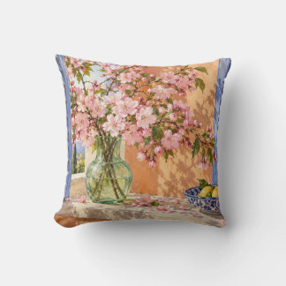 Cherry Blossom Vase Blue Shutters Sunny Window Throw Pillow