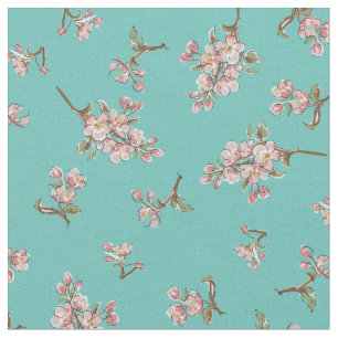 Cherry Blossom Vintage Retro Floral Teal Fabric